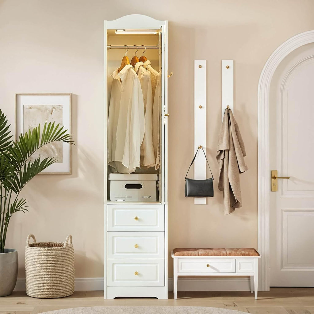 Armoire Wardrobe Closet, White Bedroom Armoires Cabinet with Mirror Door and 3 Drawers, 69.5" H Clothing Storage