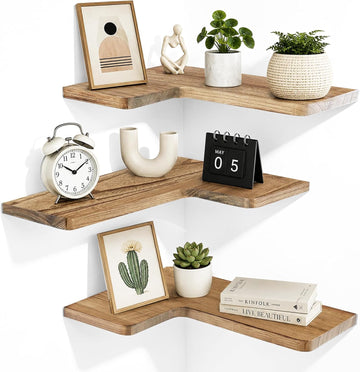 Solid Wood Corner Floating Shelves, L-Shaped, Oak, Set of 3 | Hidden Brackets, Space-Saving Wall Storage