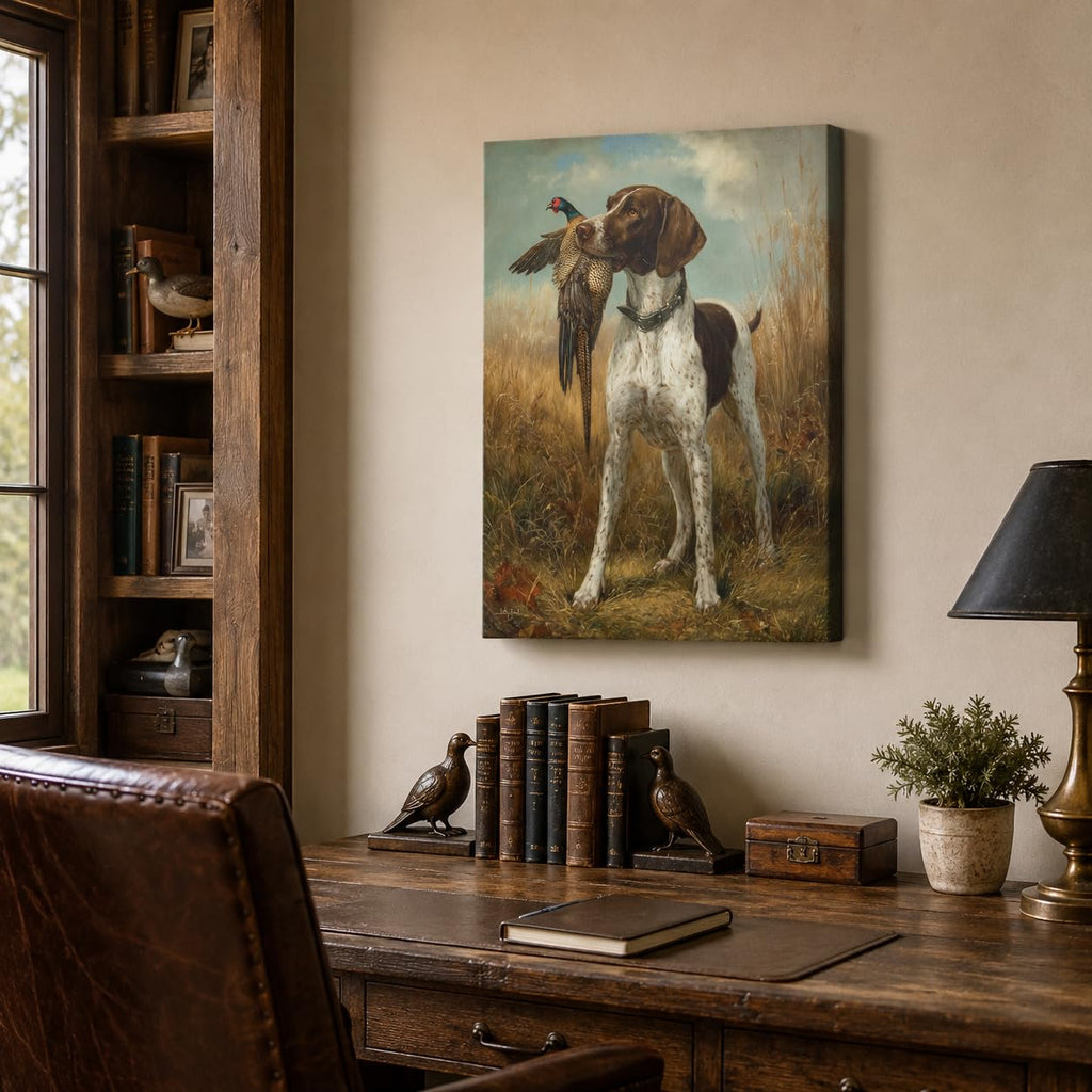 Classic German Shorthaired Pointer with Pheasant Canvas Wall Art - Vintage Hunting Scene Rustic Decor Office Man Cave