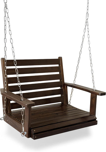 Wooden Porch Swing, Ergonomic Seat, Bench Swing with Hanging Chains and 7mm Springs, Heavy Duty 880 LBS, for Outdoor