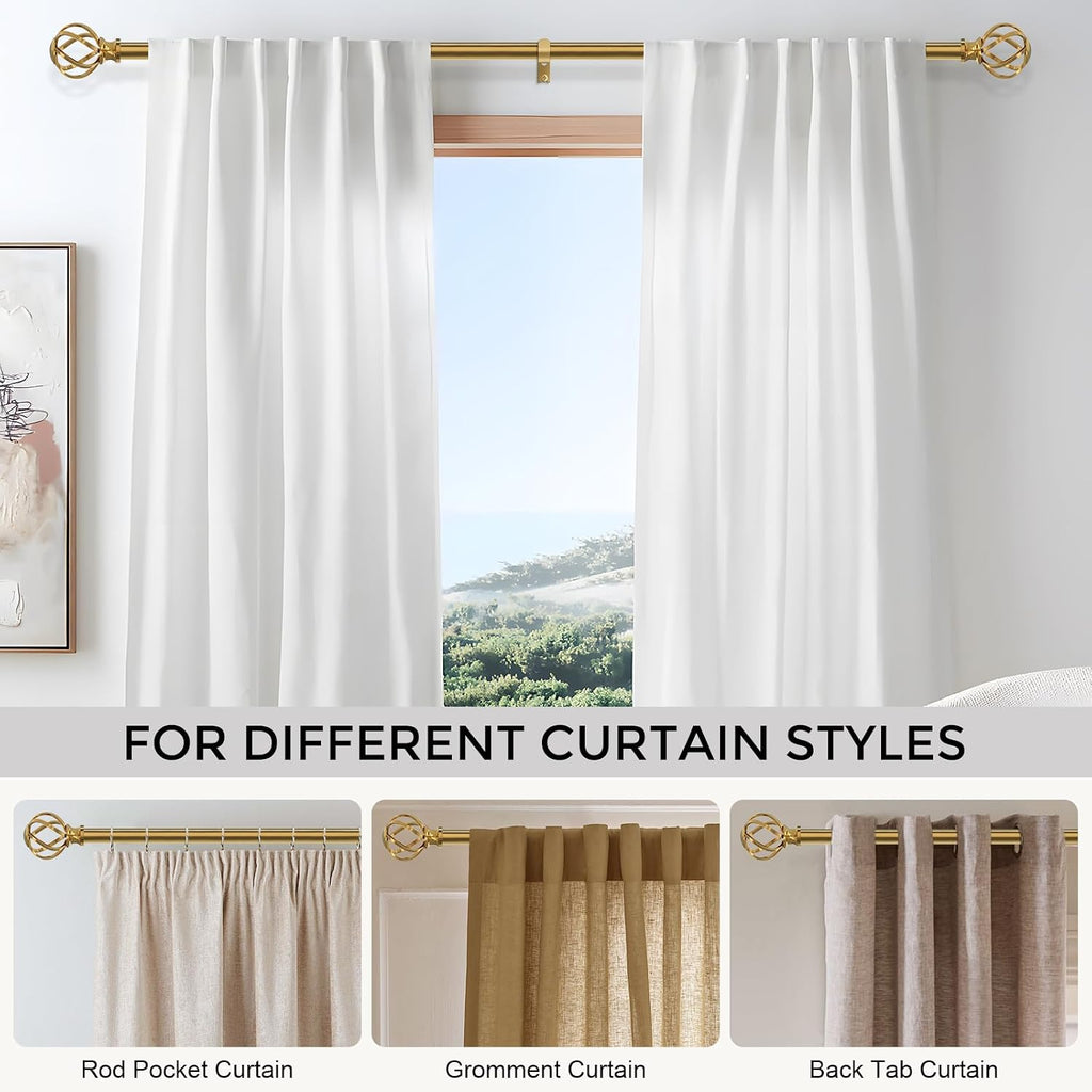 Gold Curtain Rod, Brushed Brass Decorative Curtain Rods for Windows with Twisted Cage Finials, 3/4"