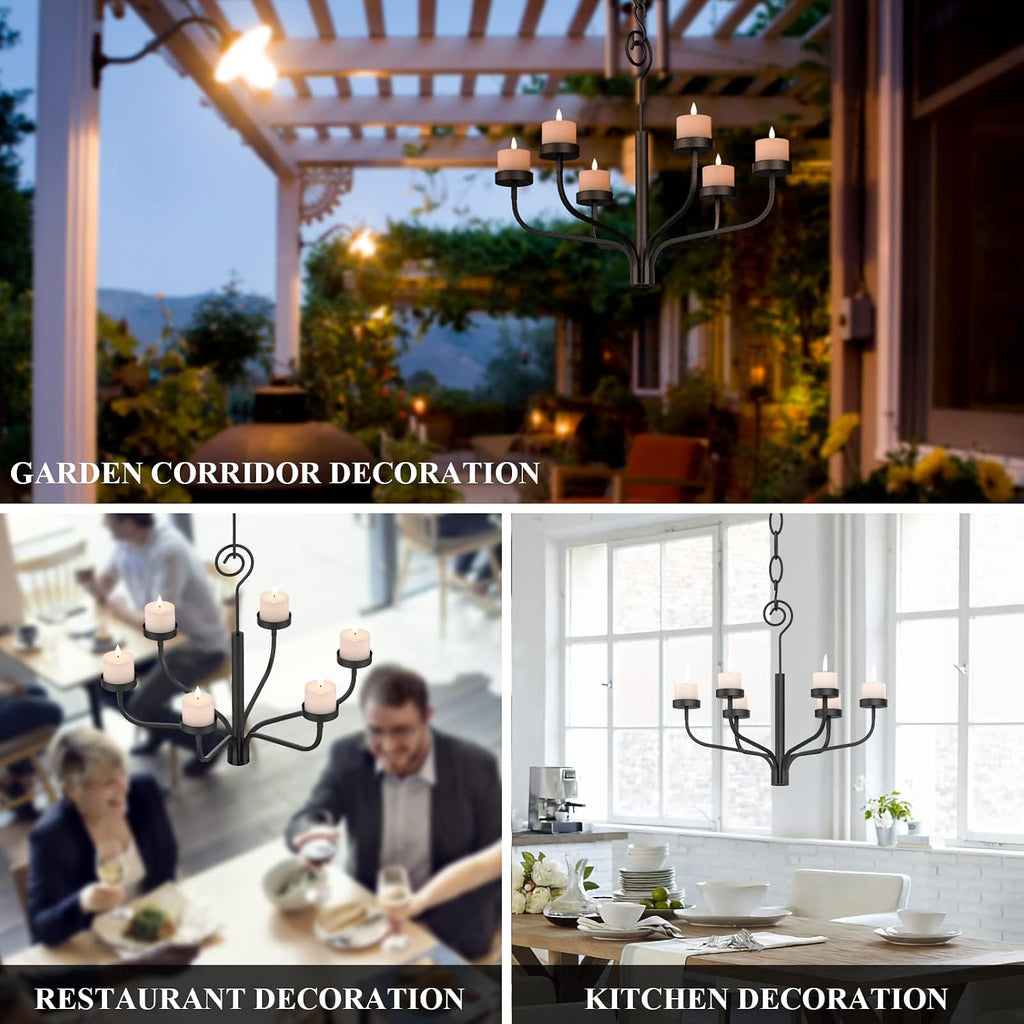 Black Outdoor Chandelier for Gazebo Set of 6 Candle Metal Wall Sconce for Hanging Decoration