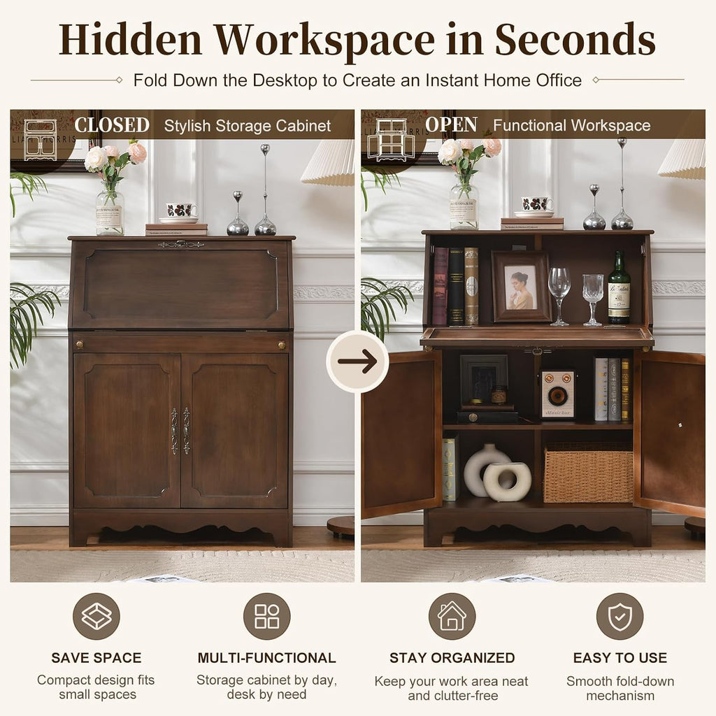 Vintage Storage Cabinet with Flip Down Desk, Wood Accent Cabinet with Adjustable Shelf and Hidden Workspace, Entryway