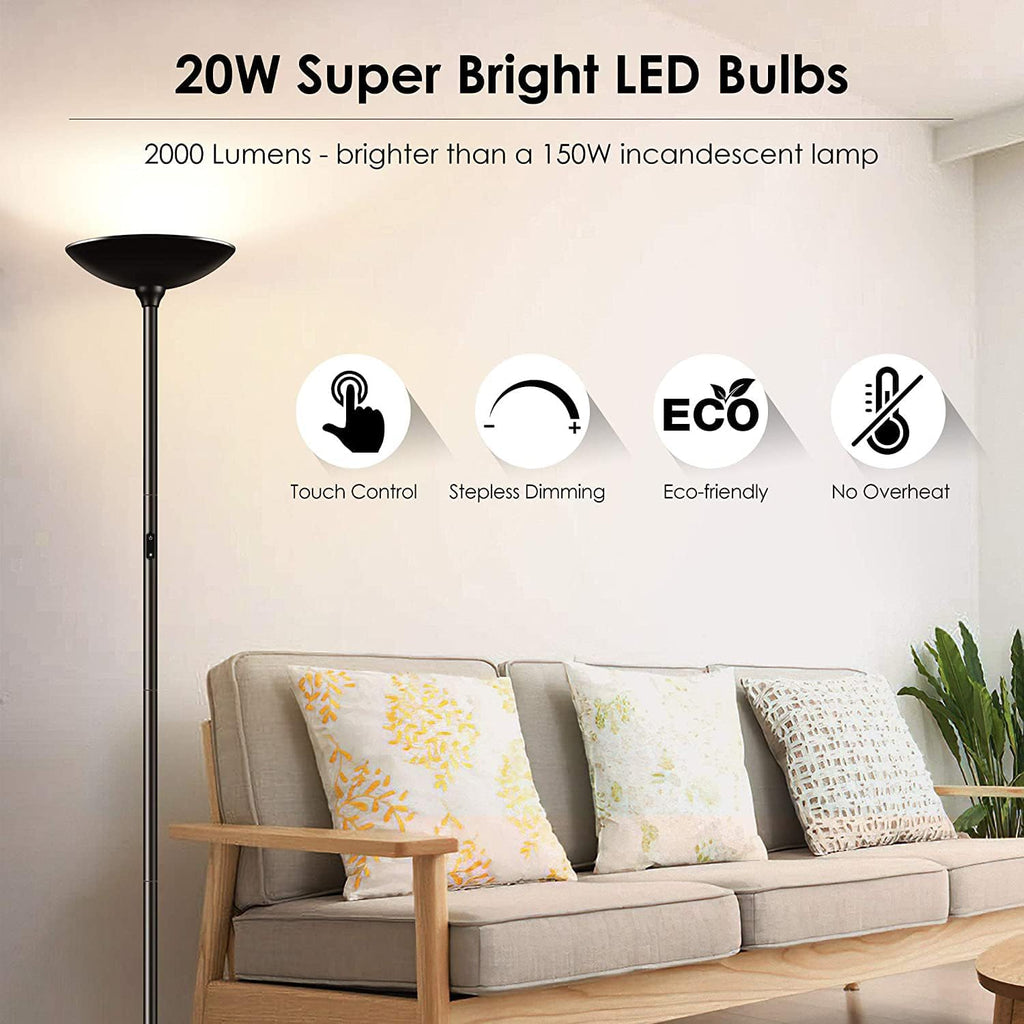 Floor Lamp/Standing Lamp, 20W 2000LM LED Torchiere Lamp, Stepless Dimmable, Touch Control, 3000K Daylight