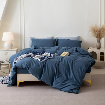 3 Pieces Gray Blue Duvet Cover Set, 100% Washed Cotton Duvet Cover with Zipper Closure Plus 2