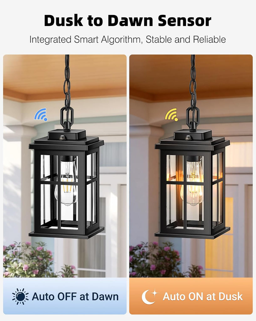 Black Dusk to Dawn Outdoor Pendant Light, Modern Hanging Light Fixture with Tempered Glass
