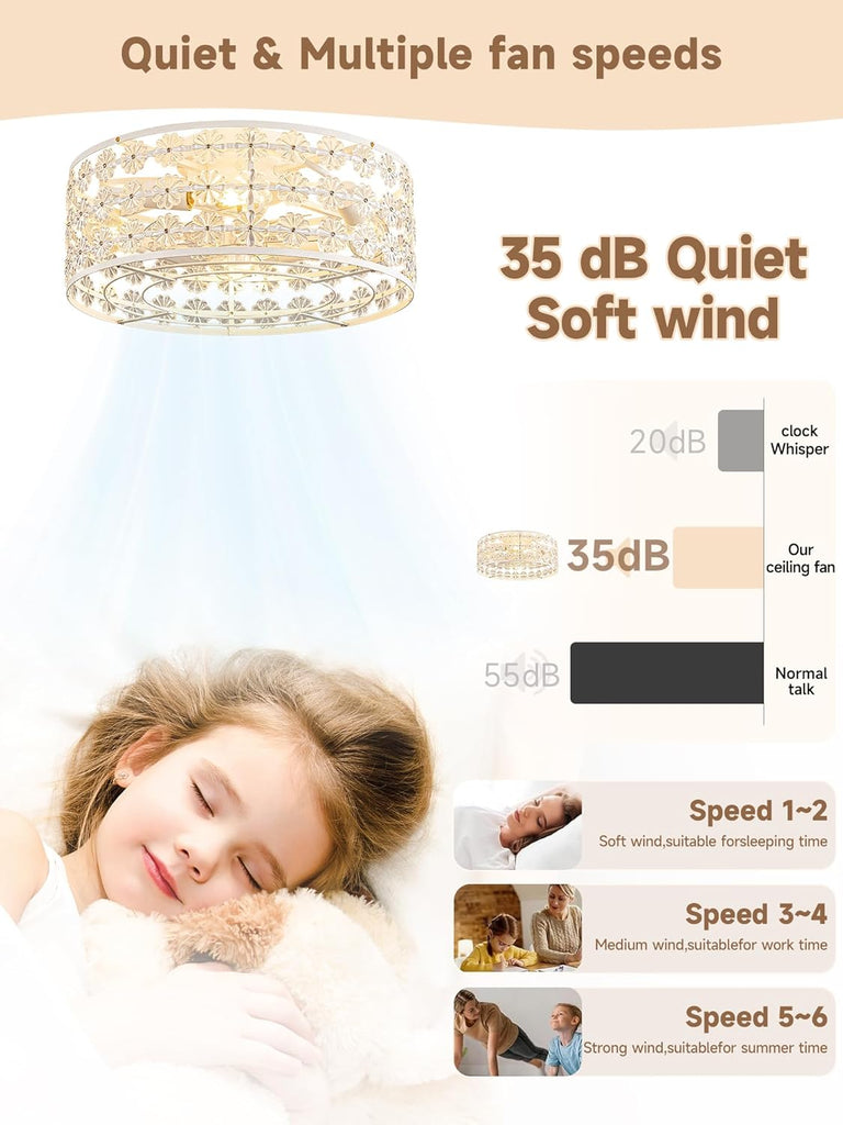 White Caged Ceiling Fan with Light and Remote, Modern Romantic Flower Crystal Ceiling Fans with Lights