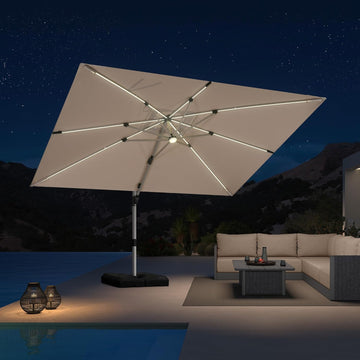 9' X 12' Patio Umbrella with Lights Outdoor Rectangle Cantilever Umbrella Solar Powered LED with 360-degree Rotation