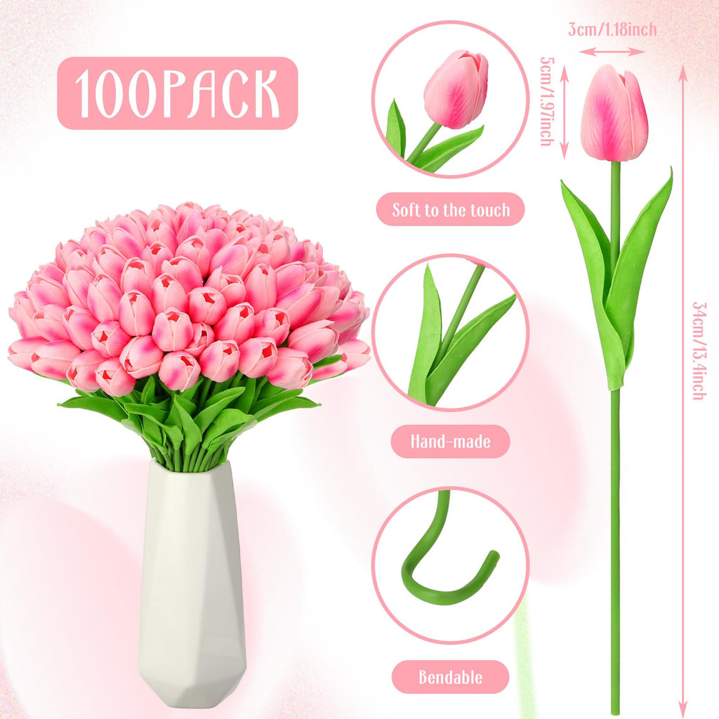 100 Pcs Artificial Real Tulips Fake Artificial Tulip Flower Bulk Bouquet with Stem for Table Centerpieces Wedding
