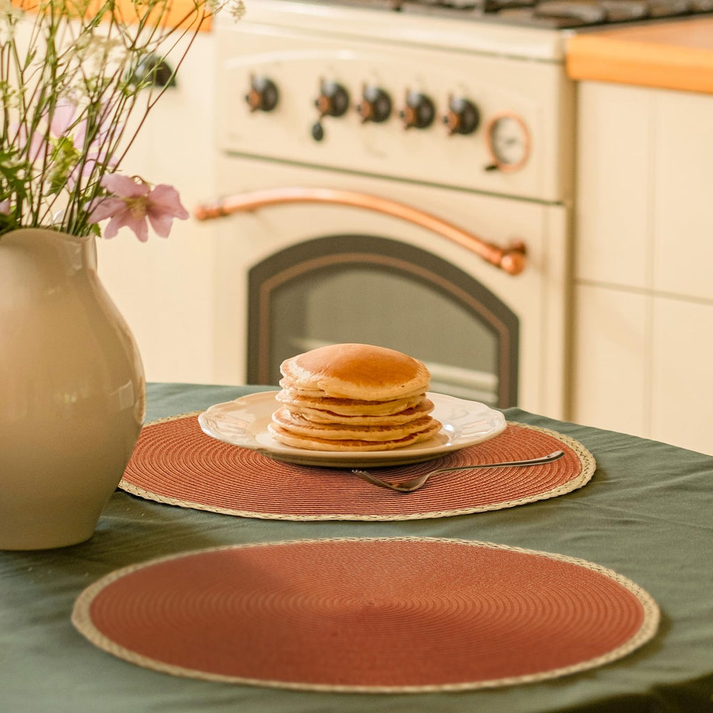 Round Placemats Set of 6, Woven Table Mats, Thin Edge, Dark Orange
