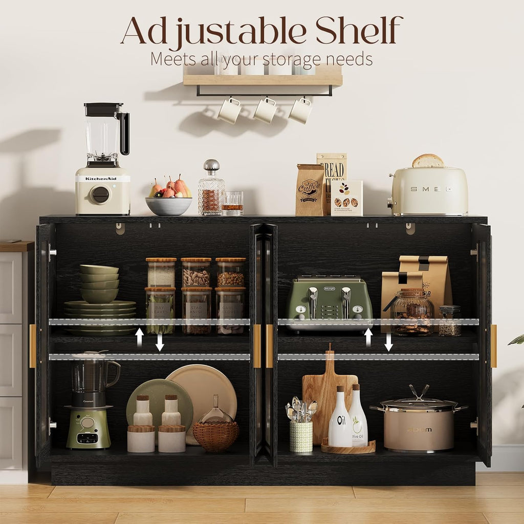 Sideboard Buffet Cabinet with Storage - 55.1" Wood Kitchen Cabinets with 4 Doors, Black Large Buffet Table