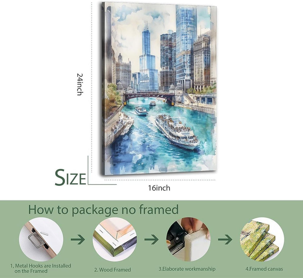 Watercolor Painting Chicago City Art Watercolor Landscape Chicago Skyline Print Urban Wall Decor Canvas Wall Art