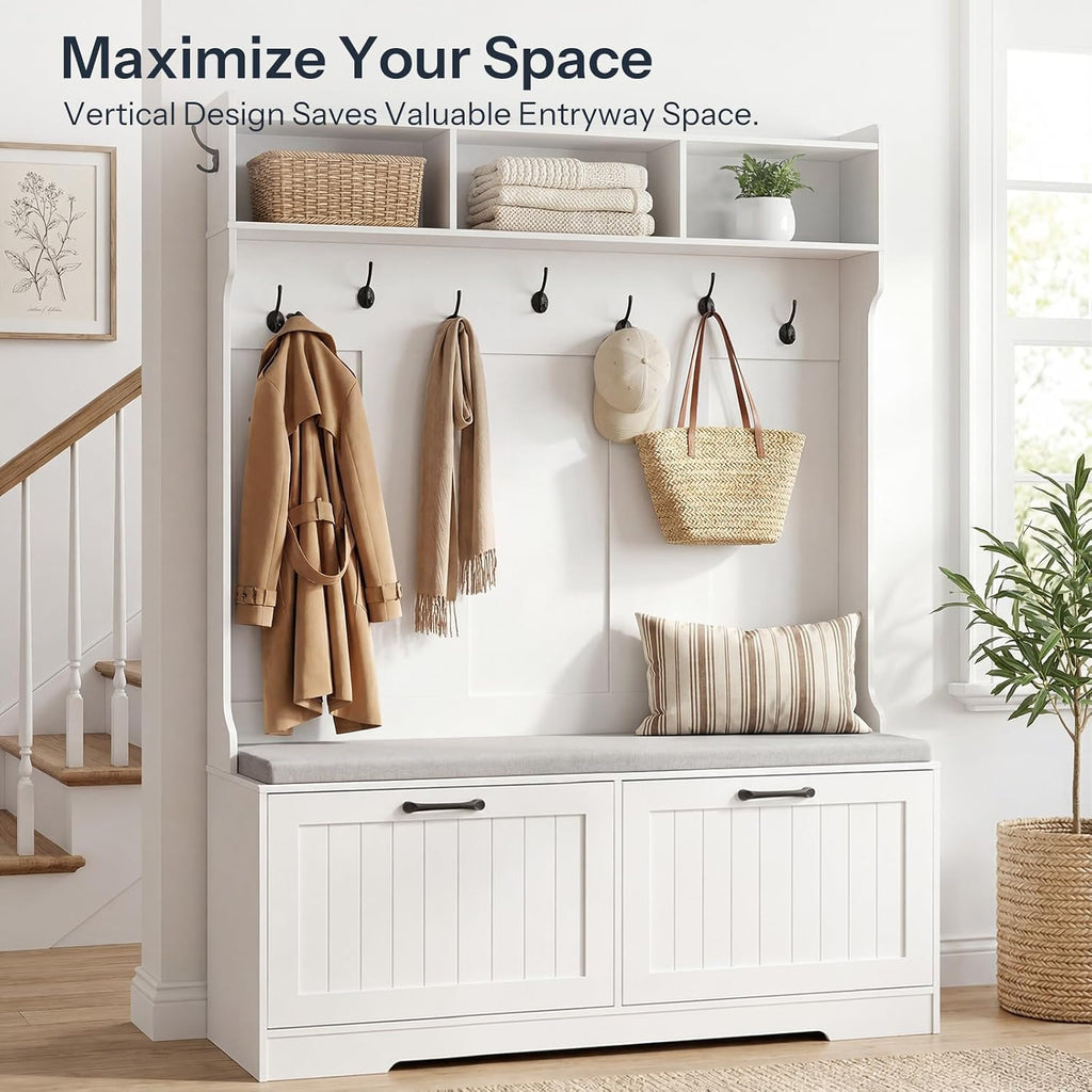 Hall Tree with Bench, 47.2" Hall Tree with Shoe Storage | Entryway Coat Rack, Shoe Bench with Storage, Farmhouse Hall