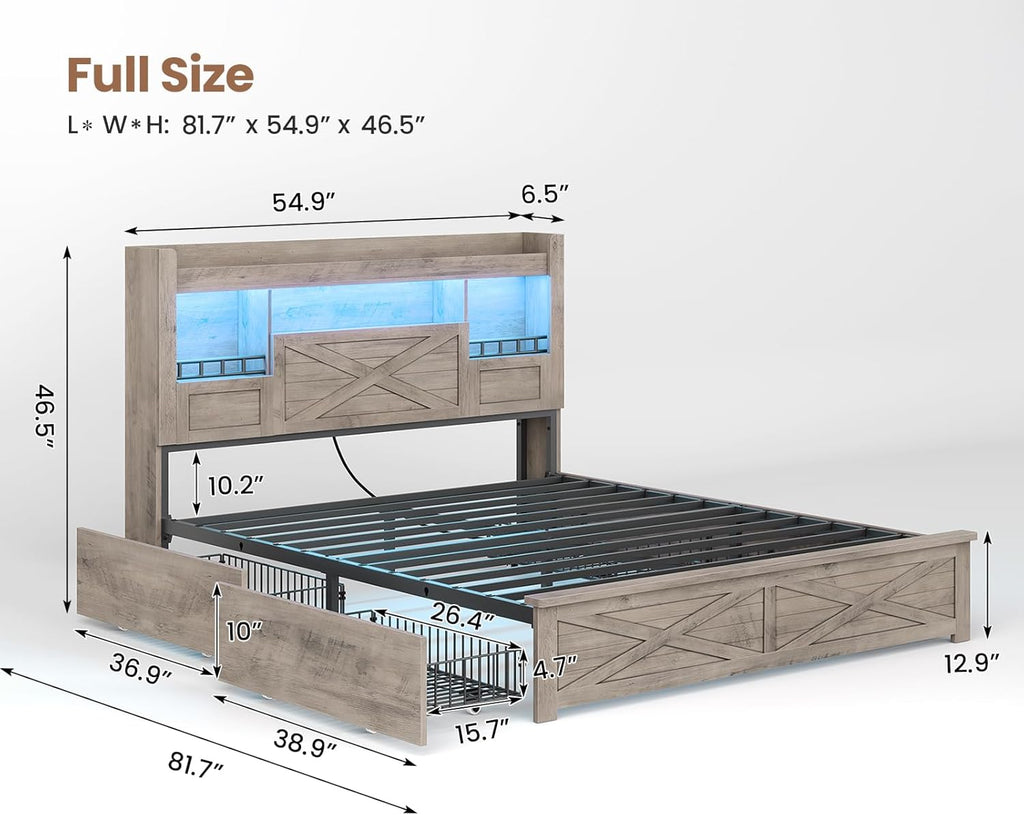 Farmhouse Full Bed Frame with Flip-Down Bookcase Storage Headboard and 4 Drawers, Rustic Wood Platform Bed Frame Full