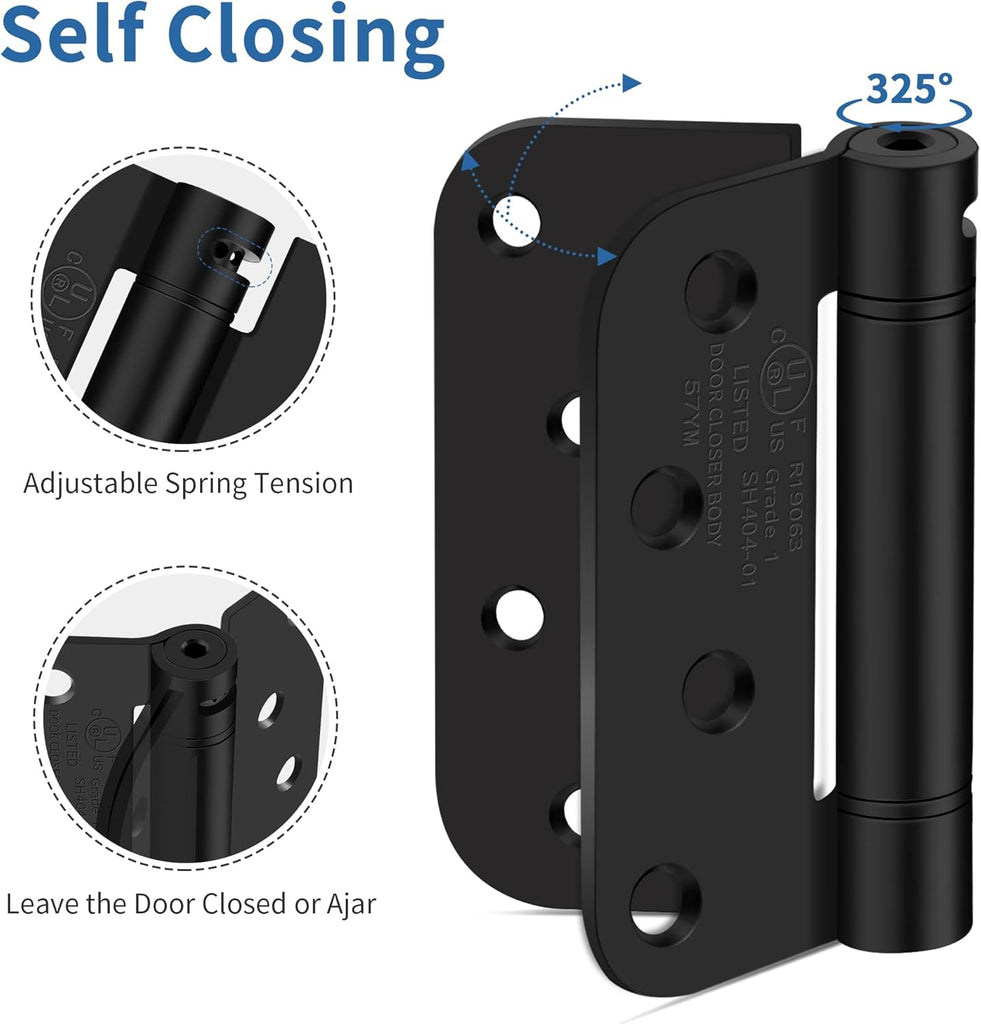 4 Inch Self Closing Door Hinges, 5/8" Radius Corners Spring Loaded Hinges , Garage, Front and Back Door, UL Listed