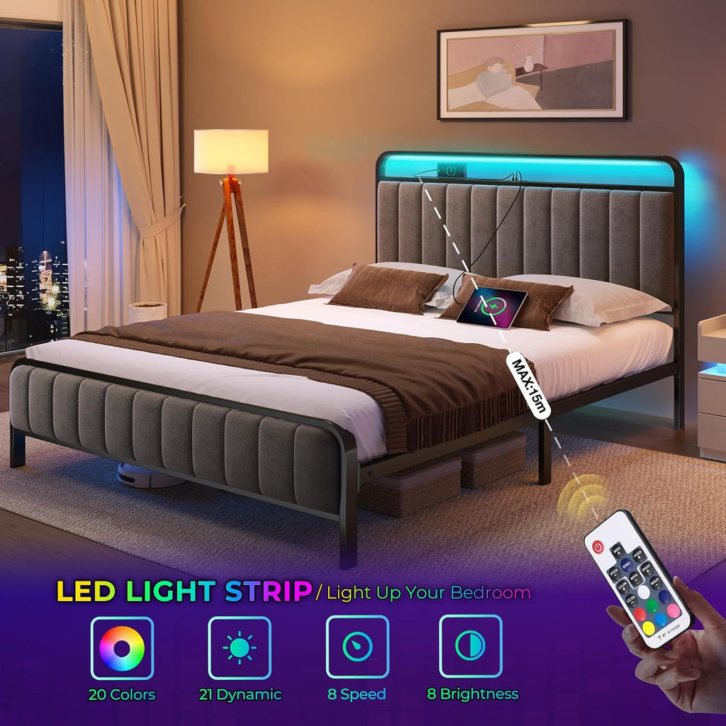 Full Bed Frame with LED Light and Charging Station, Upholstered Headboard and Footboard, Metal Slat, Noise Free