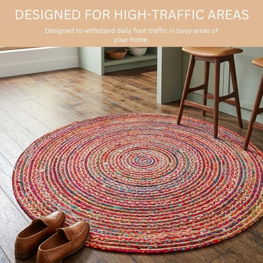 WeWove Hand Woven Area Rug 6 Feet Round - Jute Cotton Area Rug Rustic Farmhouse Boho Accent Rug Bedroom Kitchen Dorm