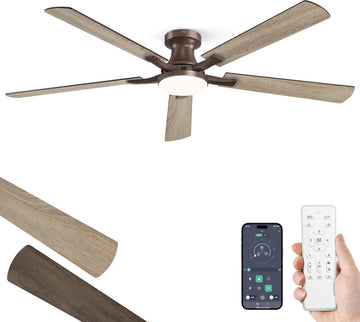 60 Inch Ceiling Fan with Light, App&Remote Control, Flush Mount Low Profile, Dimmable 20W LED Light, Quiet Reversible Motor for Bedroom, Living Room, Apartment, Brown