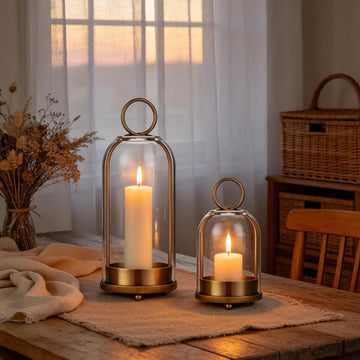 Brass Candle Holder with Glass Dome, Hurricane Glass Lantern Set of 2 | (5"x11" & 4.5"x7.6"), Hanging or Tabletop
