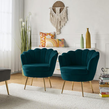 Modern Velvet Accent Chairs Set of 2 with Channel Tufted Seashell Back, Cute Living Room Bedroom Armchairs with Gold