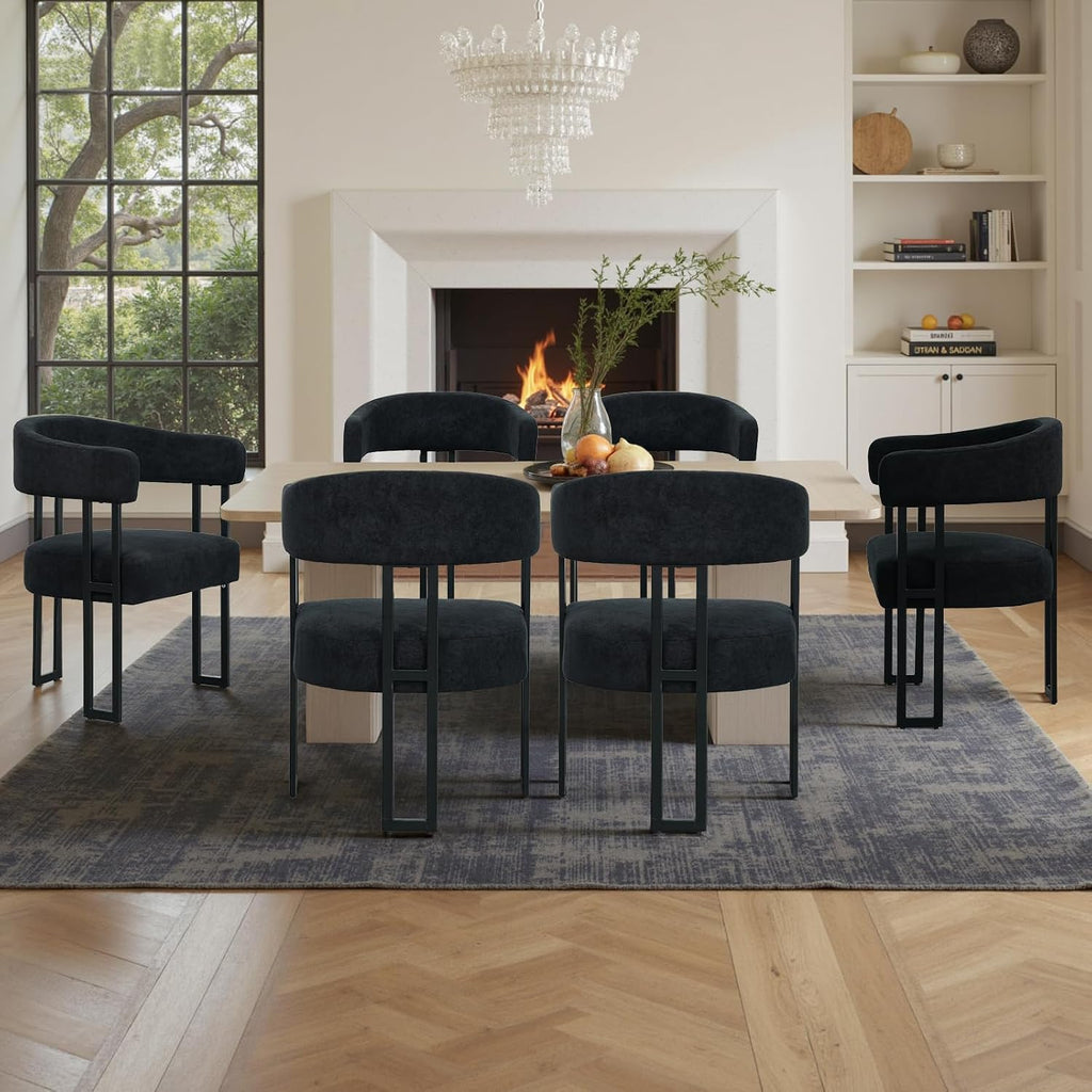 Barrel Chairs Set of 4, Boucle Upholstered Black Dining Chairs with Arm, Kitchen Chair with Metal Leg Elevated