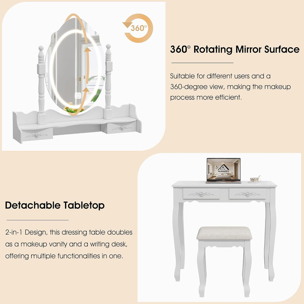 Vanity Desk with Mirror and Lights, Makeup Table with Cushioned Stool Set | Modern Vanity with 4 Drawers, 3 Color