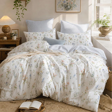 Floral Comforter Set Reversible Blue Gingham Bedding