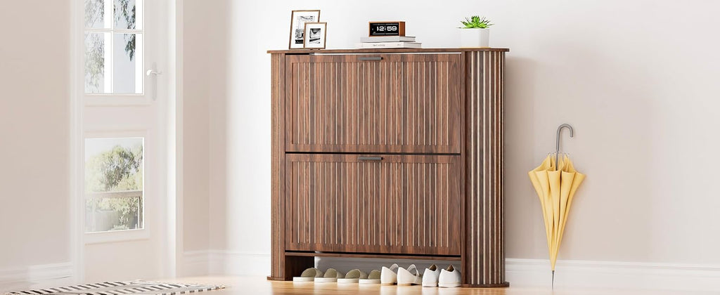 Narrow Shoe Storage Cabinet , Slim Fluted Shoe Cabinet with 2 Flip Drawers, Wood Hidden Shoe Rack Organizer for Entry