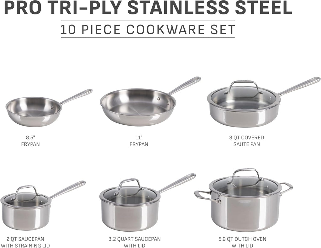 Pro Tri-Ply Stainless Steel 10-Piece Induction Cookware Set | NSF-certified, oven safe to 500°F, glass lids to 350°F