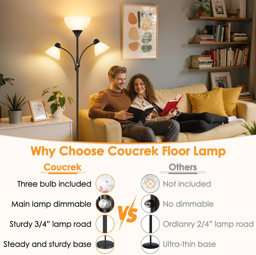 Torchiere Floor Lamps,72" Dimmable Lamp with 2 Adjustable Reading Lights, Black Tall Standing Room Lamp