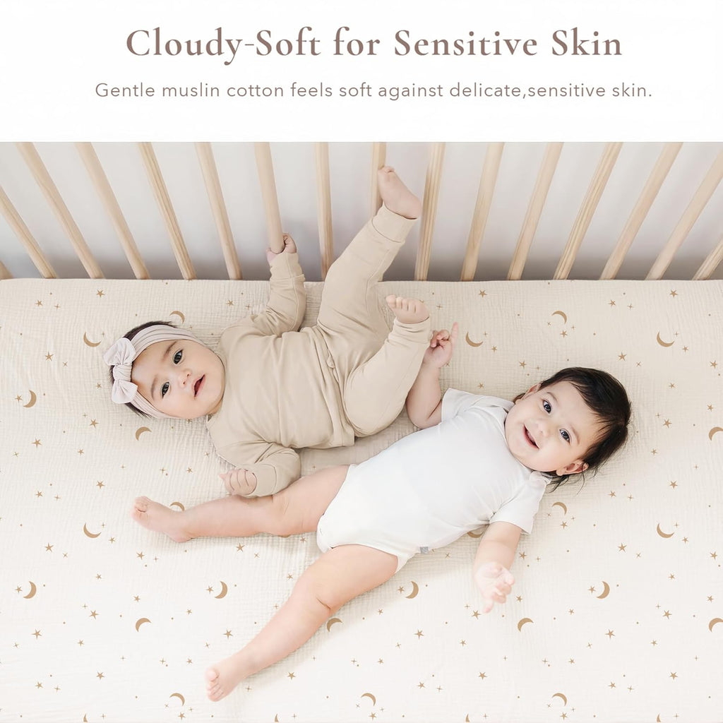 2 Pack Muslin Crib Sheets for Standard Crib Mattress, 52" x 28" | 100% Cotton, Soft & Breathable, 360° Elastic Snug