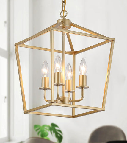 Industrial 4 Lights Chandelier, Gold Lantern Ceiling Light Fixtures with Rustic Metal Cage Adjustable Height Farmhouse Geometric Hanging Light for Kitchen Island, Dining Room, Entryway, UL Listed A128-B0CKH68D3G