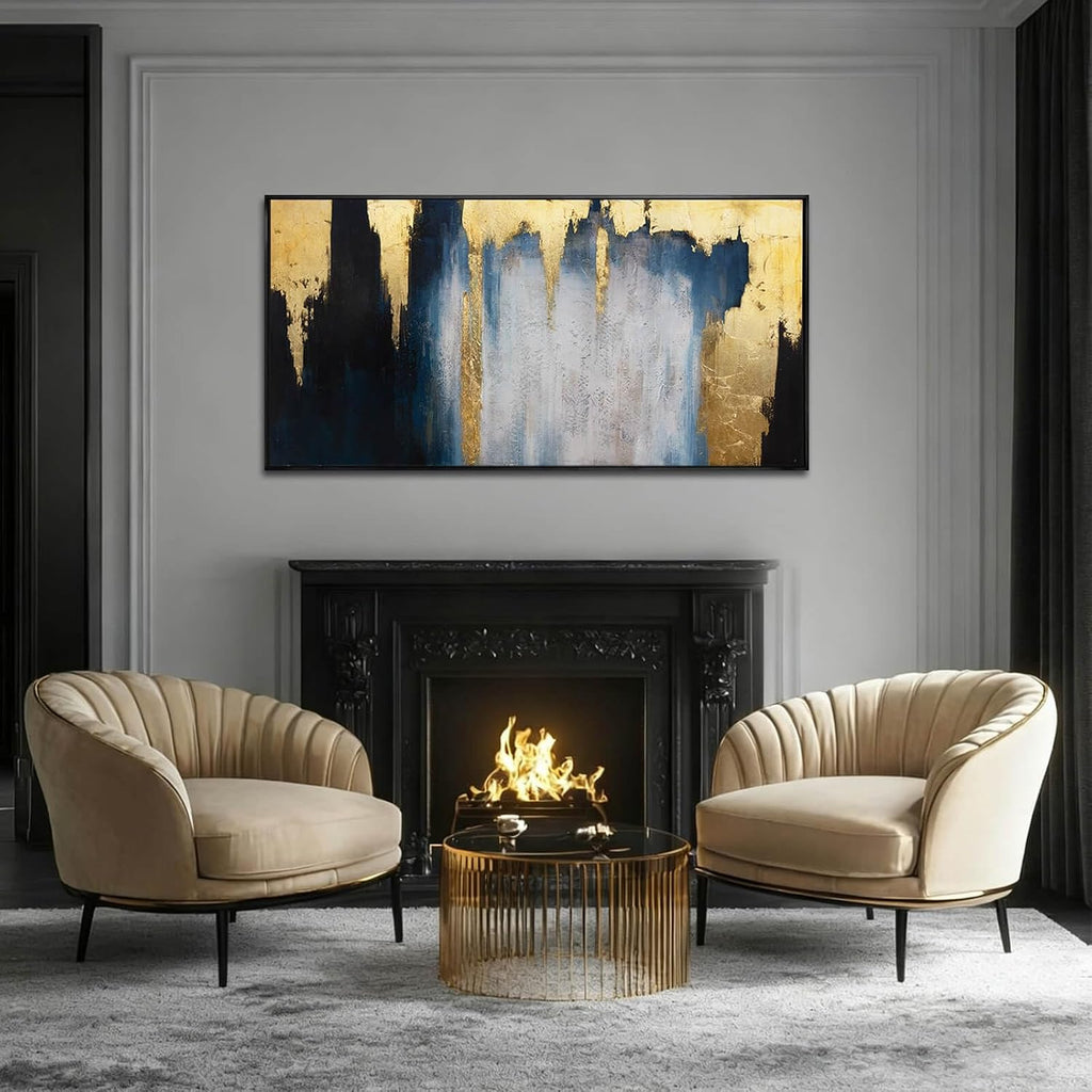 Abstract Blue and Gold Wall Art with Black Frame Modern Canvas Painting Large Artwork Bedroom Office Home