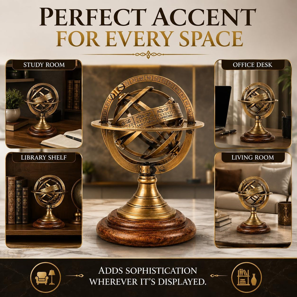 5.5" Brass Armillary Sphere World Globe Rosewood Base Table Decor Gift