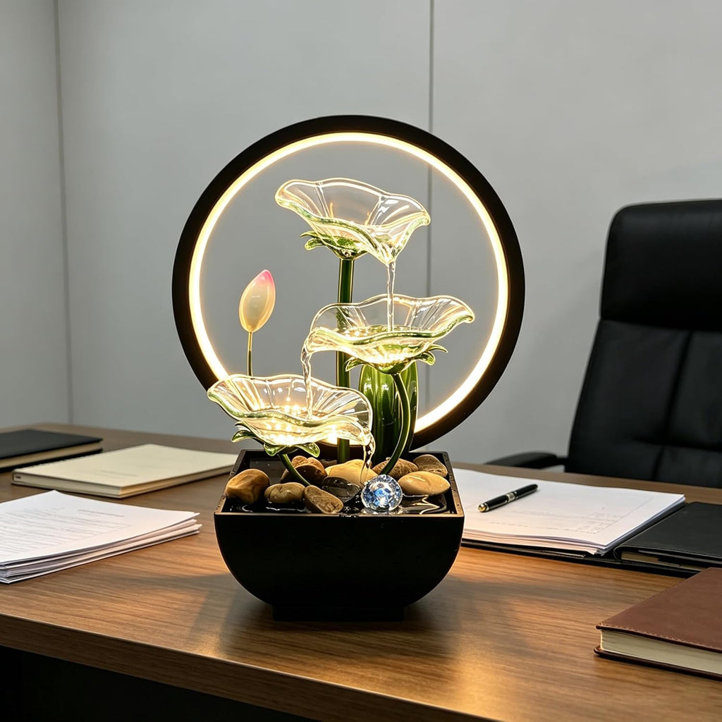Tabletop Water Fountain,3-Tier Transparent Acrylic Lotus Leaf Zen Fountain,Indoor Water Feature with Lotus,LED Ring