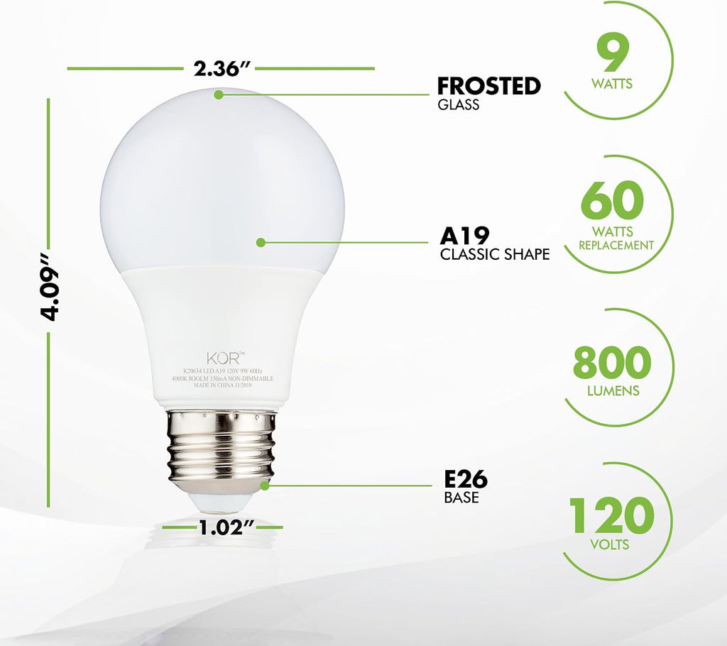 6 Pack A19 LED Light Bulb, 60W Equivalent, 5000K Bright White, 800 Lumens, Efficient 9 Watt Replacement Bulbs with E26 Standard Base, 15000 Long Life Hours, Non-Dimmable, 80+ CRI, UL Listed