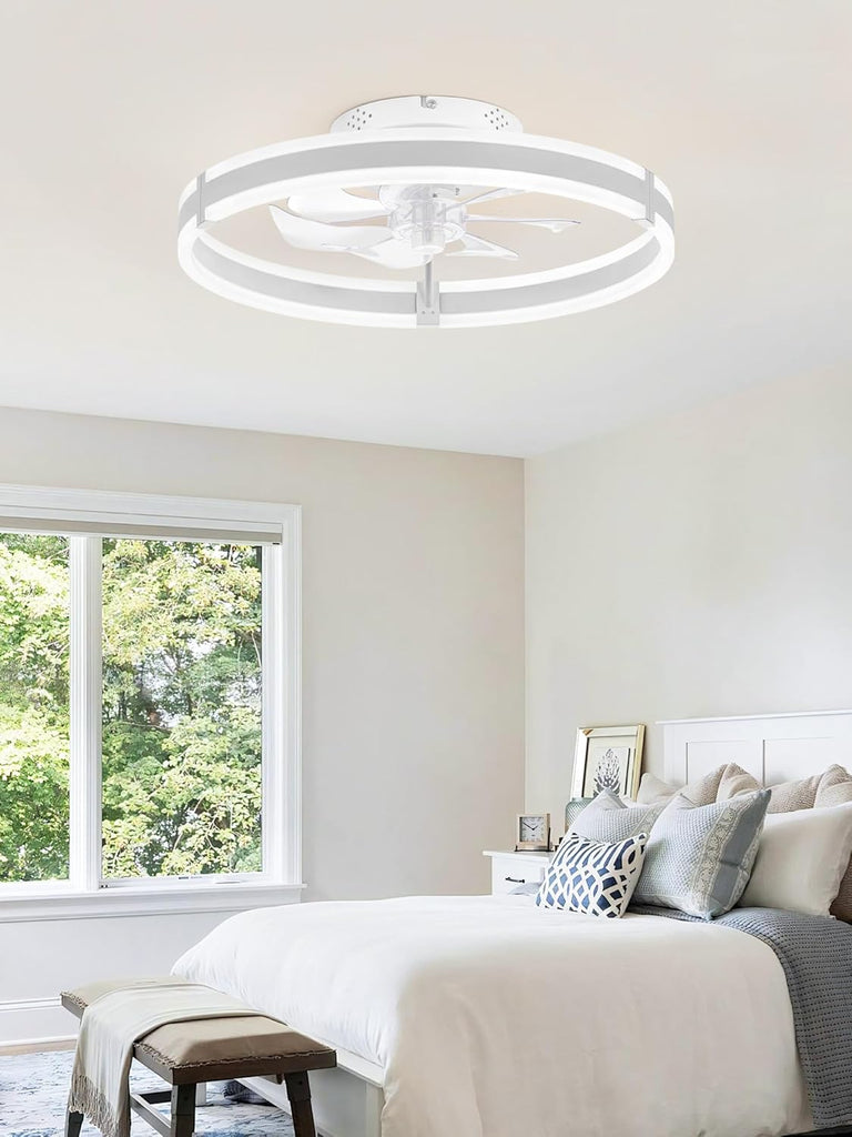 Ceiling Fans with Lights and Remote, 19.7'' Low Profile Ceiling Fan, 3000-6000K Dimmable Modern Flush Mount LED Fan Light, 6 Wind Speeds, White Fandelier Ceiling Fans for Bedroom