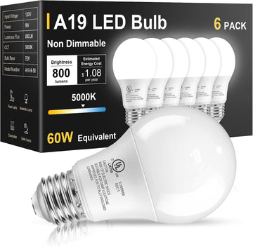 6 Pack LED Light Bulbs 60 Watt Equivalent, Daylight White 5000K A19, Efficient 9W, E26 Standard Base, 800 LM Energy