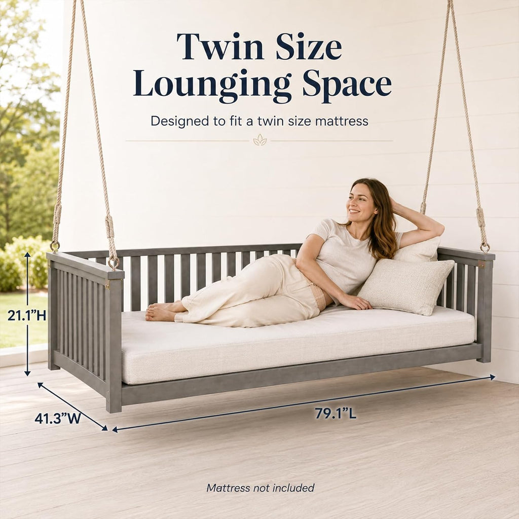 Outdoor Porch Swing Bed, Twin Size Acacia Wood Hanging Daybed with Hemp Ropes, Minimalist Patio Swing Bed for Garden
