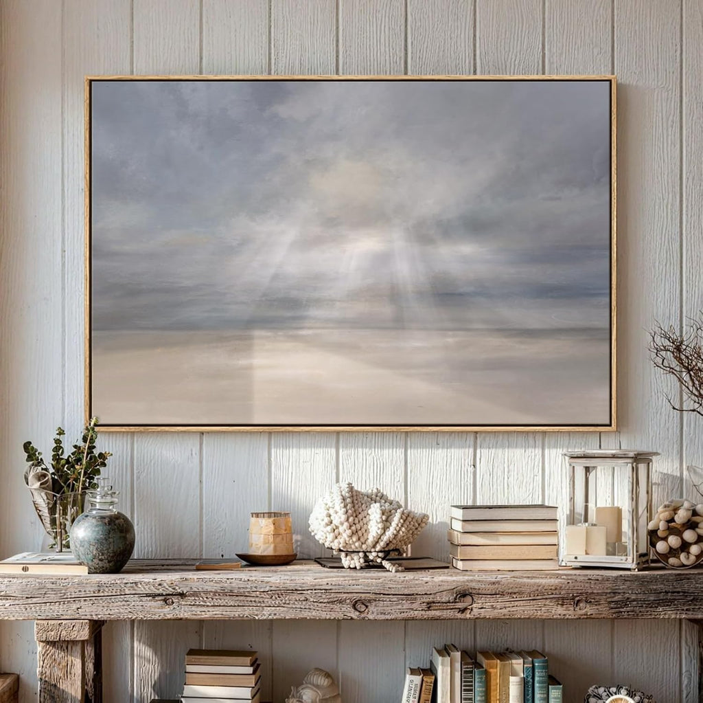 Large Framed Abstract Beach Landscape Wall Art, Horizontal Minimalist Coastal Seascape Canvas Artwork for Walls