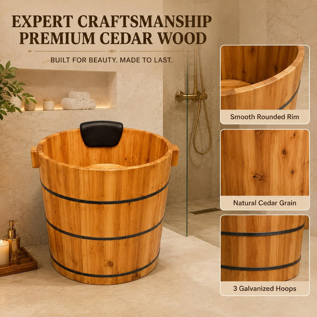 Luxury Fragrant Cedar Soaking Tub - Japanese Style Round Wooden Bathtub with Foot Massager & Full Accessories (wooden
