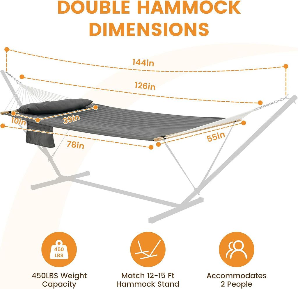 Daze Double Hammock with Pillow & Tree Straps for Outside, Grey | 2 Person Quilted Hammock with Hardwood Spreader