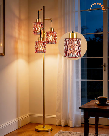 Glass Floor Lamp 3-Light Modern Gold Tall Lamp with Red Cylinder Shade