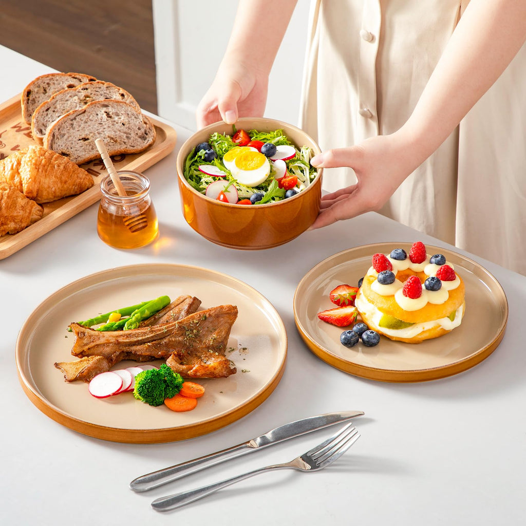 Ceramic Plates and Bowls Sets, 12 Pieces Brown Dinnerware Sets , Reactive Glaze Dishes Set for 4, Dishwasher and
