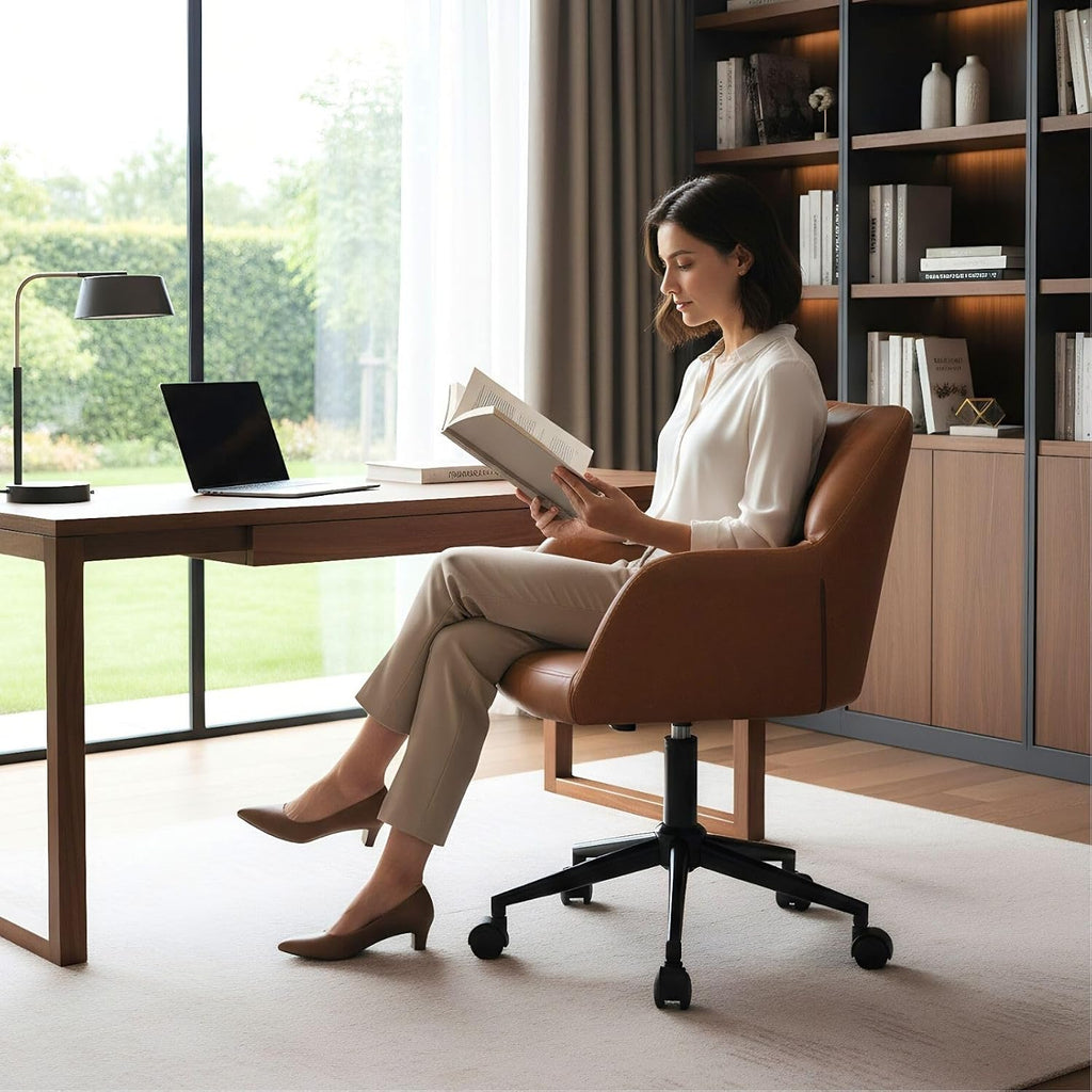 Brown Home Office Desk Chair with Wheels Faux Leather Swivel Desk Chair Upholstered Adjustable Task Armchair for Teens Bedroom Livingroom with Comfy Square Tufted Mid-Back