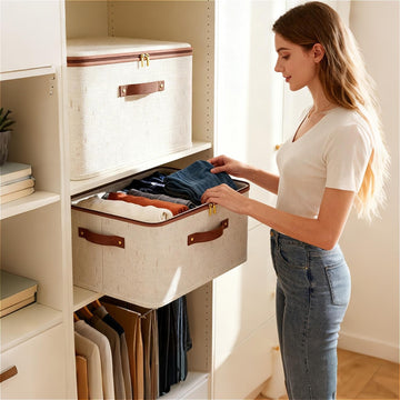 Bins with Lids, Fabric Storage Boxes with Handles, Breathable Cotton Linen Clothes organizing Box for Wardrobe