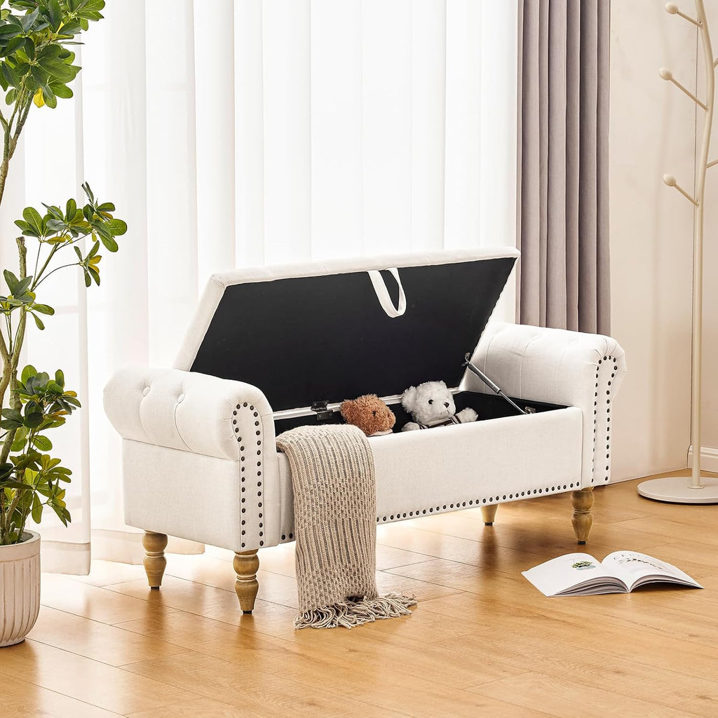 Storage Bedroom Bench for End of Bed, Faux Linen Upholstered Storage Ottoman with Rolled Arms , 2.5Cubic Feet