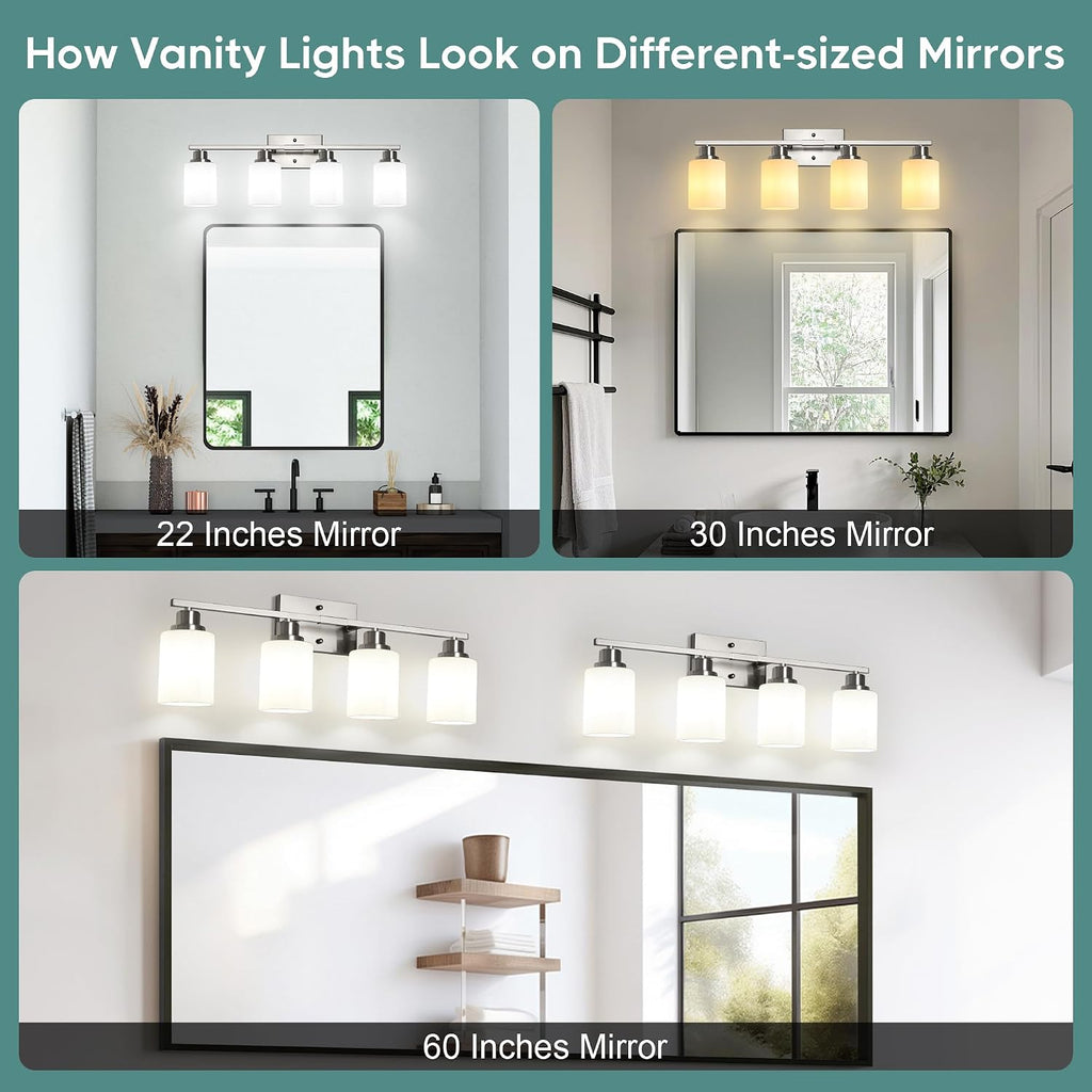 Bathroom Light Fixtures, 4-Light Vanity Light Over Mirror, Brushed Nickel Wall Sconces with Milky White Frosted Glass