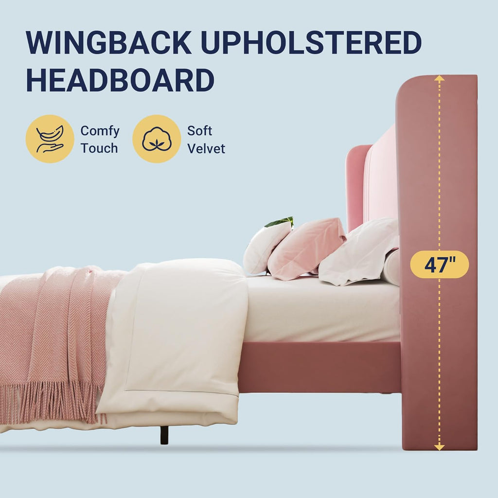 Full Velvet Platform Bed Frame with Vertical Tufted Wingback Headboard, Easy Assembly, Under Bed Storage
