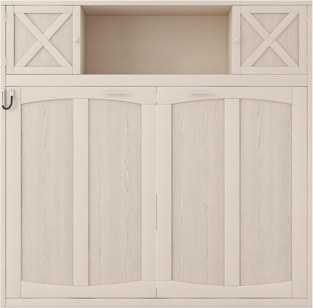 Full Murphy Bed with Storage Cabinets, Rustic Solid Wood Wall Bed with 3 Cabinet Shelves, Space Saving Foldable Bed